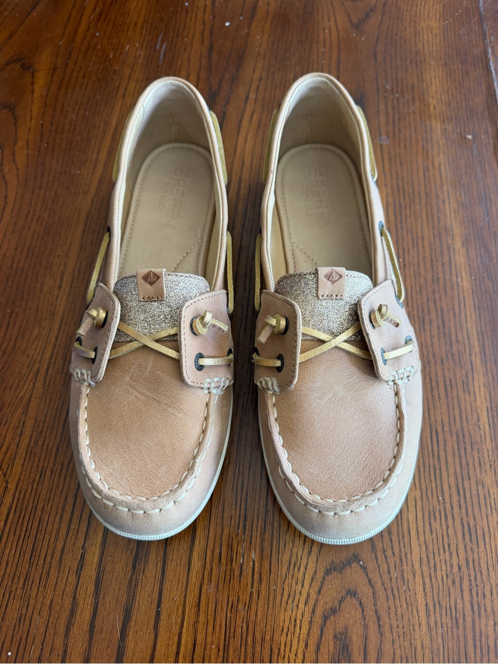 Sperry women’s Tan & Gold glitter Slip-On Moccasin Boat Shoes